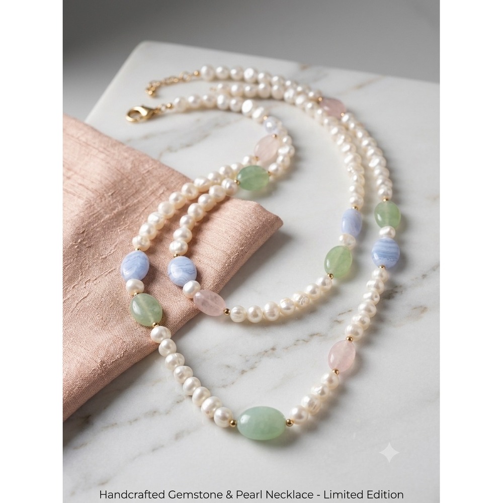 Handcrafted Freshwater Pearl Mixed Gemstone Long Necklace Coastal Grandmother